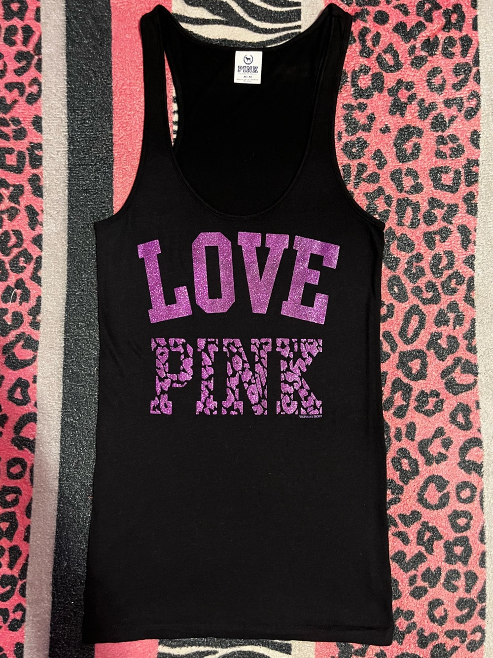 Vintage PINK Victoria's Secret purple glitter leopard print tank top